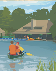 The Boathouse in Forest Park Boathouse in Forest Park, illustration by Janet Muhm