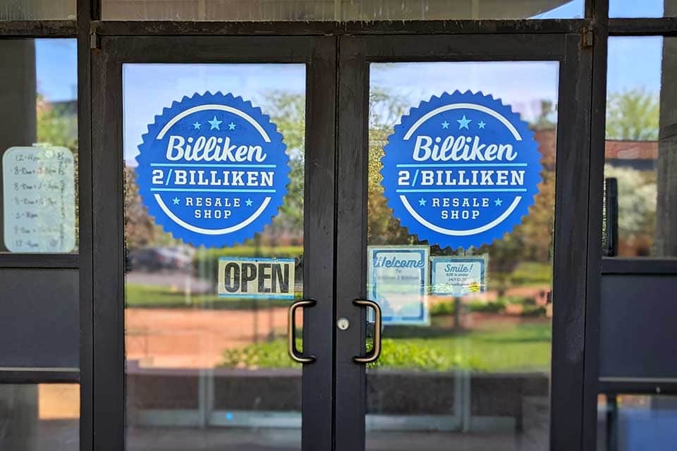 Billiken 2 Billiken The doors of the Billiken 2 Billiken resale shop. The doors have signs that read "Billiken 2 Billiken"