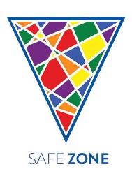 Safe Zone Logo Logo of an upside down triangle filled with a variety of shapes in different colors, resembling stained glass, with the words Safe Zone beneath.