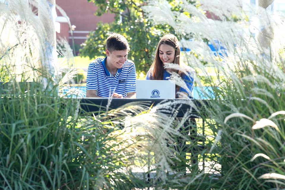 Students at laptop Two students at laptop in a gazebo