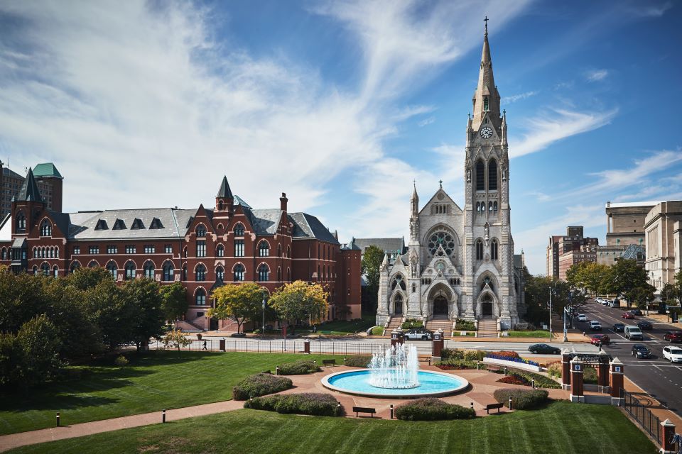 photo of the exterior of college church on the saint louis university campus