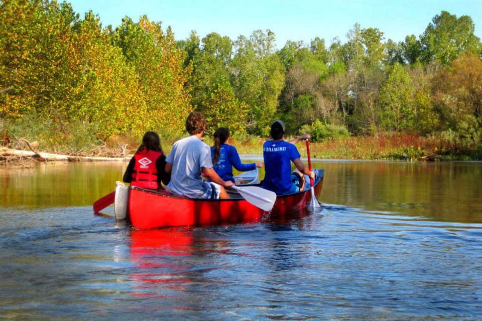 Nature retreat Four people seen from behind rowing a canoe along a waterway