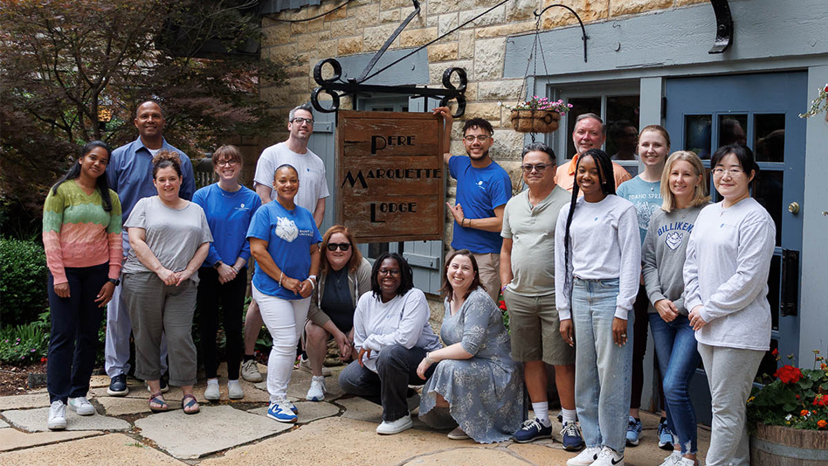 Career Services Team at Pere Marquette A group photo of the Career Services team posing in front of Pere Marquette Lodge in Grafton, IL.
