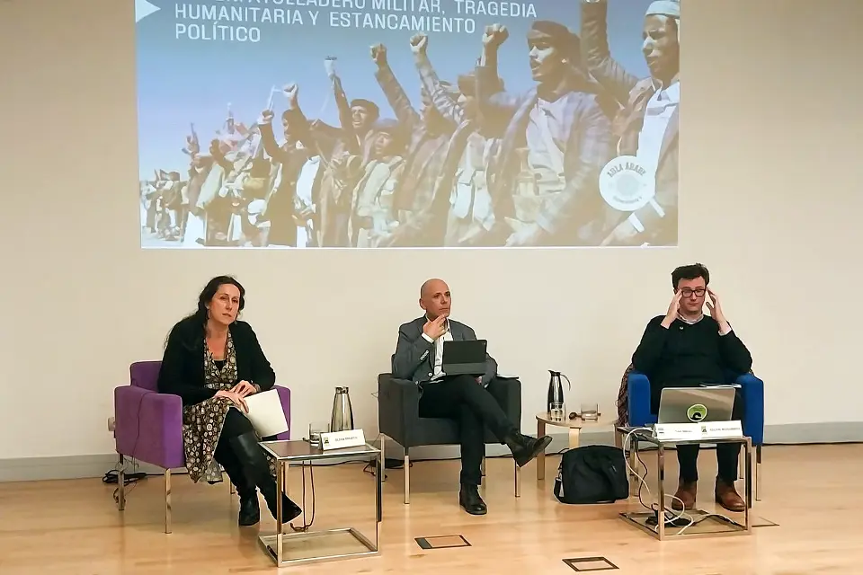 SLU-Madrid Sponsors Event on Yemen at Spain's Largest Arab Cultural Center Three people speaking during a conference