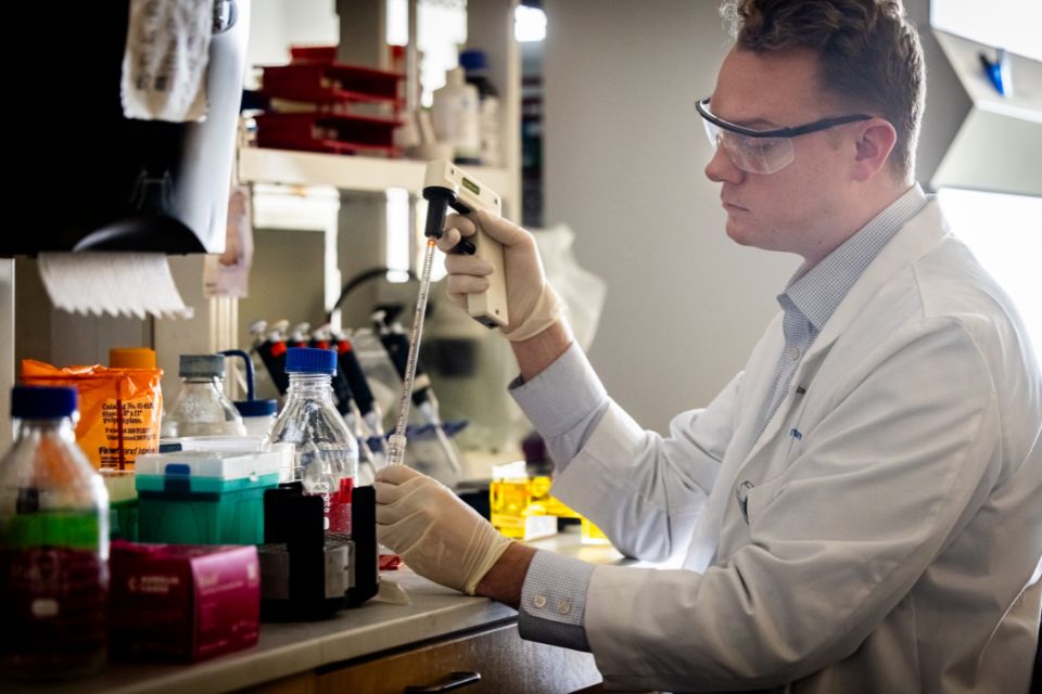 An M.D./Ph.D. student in the Doisy Research Center A student works in a Doisy Research Center lab