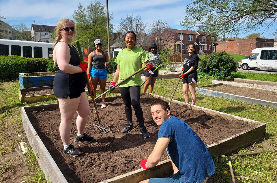 Micah Service Students work in a garden with tools under a blue sky