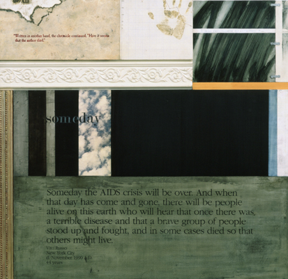 Robert Farber, Western Blot #19 (detail), 1990. Mixed media on wood panels. Courtesy of the Robert D. Farber Foundation. A detail of an artwork by Robert Farber titled Western Blot #19. Multiple painted panels and wood moulding are joined together in a composition. The paintings bear various texts, including the word "someday" with its dictionary definition. A ghostly handprint is visible on one of the panels.