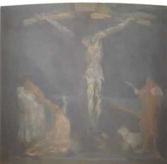 James Rosen, Homage to Grünewald: The Isenheim Altarpiece, 1974. Oil and wax/oil emulsion on canvas. Collection of the Flora Lamson Hewlett Library, Graduate Theological Union. An image of Christ on the cross with figures gathered to either side. The colors are muted and the figure seem barely suggested, almost insubstantial