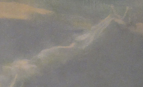 James Rosen, Homage to Grünewald: The Isenheim Altarpiece, 1974. Oil and wax/oil emulsion on canvas. Collection of the Flora Lamson Hewlett Library, Graduate Theological Union. The arm of Christ nailed to the cross stretches from his shoulder at lower left to his splayed fingers at upper right. The image looks wispy, almost insubstantial.