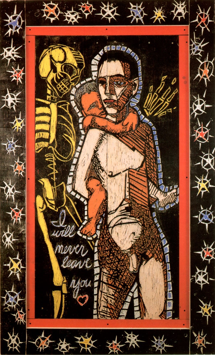 Adrian Kellard, The Promise, 1989. Latex on wood with hardware. Courtesy of the Estate of Adrian Kellard. Photo by Jeffrey Vaughn. An artwork by Adrian Kellard titled The Promise. A large carved wooden panel with three figures. From left, a skeleton in yellow, then a young boy being carried on the shoulders of a young man. The boy and man are encircled by a dashed blue-line that seems to ward off the skeleton. Between the skeleton and the two other figures are the words, "I will never leave you," followed by a heart shape.