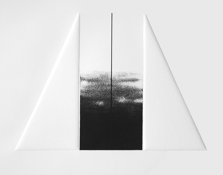 Daniel Ramirez, No. XVII: Contemplation of Silence (detail), 1980. Etching, aquatint and embossing. Courtesy of the artist. Photo by Jeffrey Vaughn. An etching by Daniel Ramirez titled No. XVII: Contemplation of Silence. A trapezoidal shape centered on a sheet of white paper is made up of two narrow right triangles blind-embossed at right and left, and a central rectangle with a grandient moving from solid black at bottom to pure white at top. A narrow black line bisects the shape.