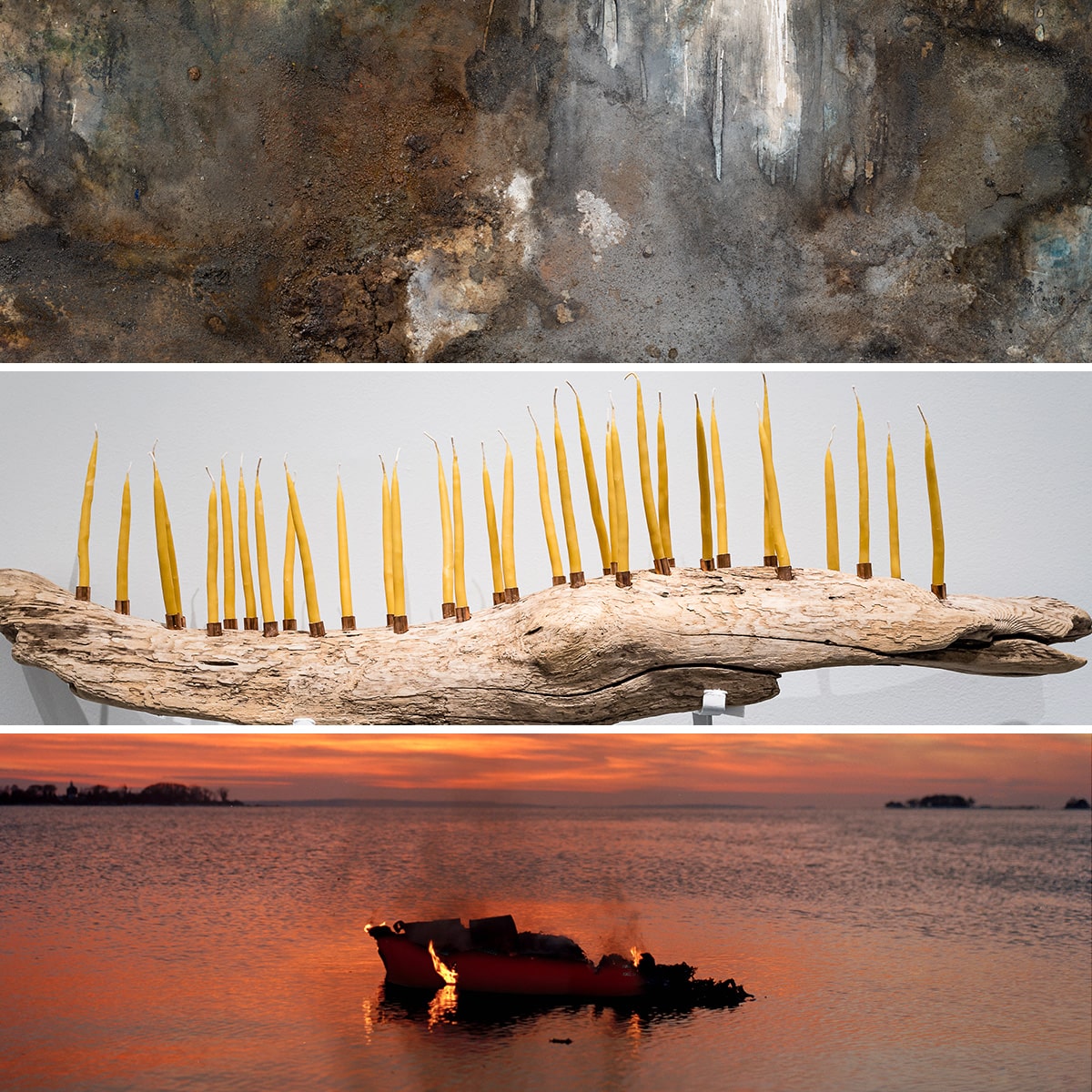 Athena LaTocha, Untitled No. 15 (detail); Tyler Rai, Neshome Likht For Ecological Relatives (detail); Mary Mattingly, Pendulum (detail) An artwork by Brandon Maldonado depicting a groom and bride in traditional New Mexican wedding attire, a painting by Vicente Telles of Saint Sebastian wounded by arrows, and a self-portrait by Vicente Telles with a bean sack over his head and holding a large can of lard