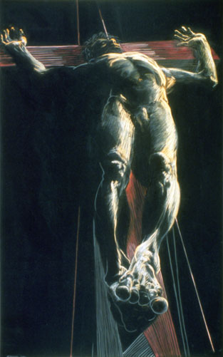 Eleanor Dickinson, Crucifixion of Dountes, 1988. Pastel on velvet. MOCRA collection. An artwork by Eleanor Dickinson titled Crucifixion of Dountes. This is a drawing in colored pastel on black velvet of a nude male lying back against a wooden cross in a manner remisicent of traditional representations of Jesus on the Cross.
