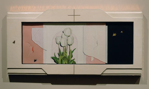 Anne Minich, Annie's Tulips, 1994. MOCRA collection. An artwork by Anne Minich titled Annie's Tulips. From left, two faces in silhouette that seem to be inhaling or exhaling, with a small child's hand drawn below. In the center, a groupling of white tulips. At right, a similar profile exhaling and a small child's hand releasing a moth that seems to fly toward the edge of the image.