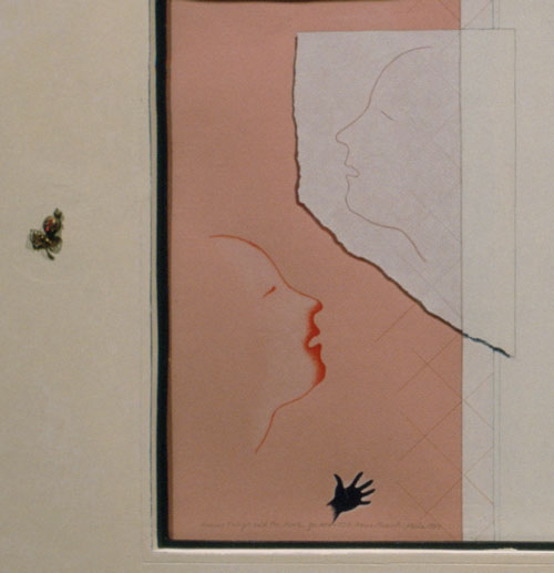 Anne Minich, Annie's Tulips (detail), 1994. MOCRA collection. A detail of the artwork Annie's Tulips, showing drawings of two faces in profile inhaling or exhaling, and a small child's hand beneath them.