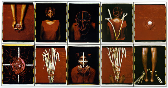 Maria Magdalena Campos-Pons, Abridor de Caminos (The One Who Opens the Path), 1997. Image courtesy of the artist. An artwork by Maria Magdalena Campos-Pons titled, Abridor de Caminos (The One Who Opens the Path). Ten photographs are arranged in a grid five across and two deep. Several depict a woman in a red dress with ornate braids in her hair, while others depict white sticks, stones, and other ritual items.