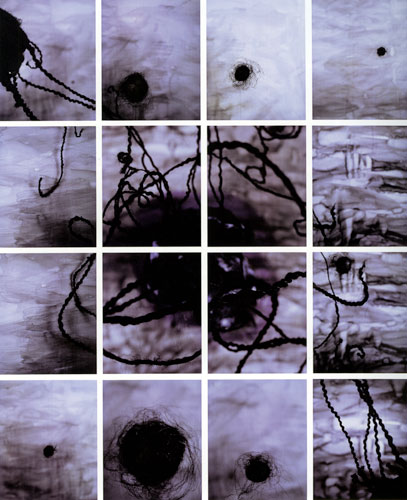 Maria Magdalena Campos-Pons, Constellation, 2004. Image courtesy of the artist. An artwork by Maria Magdalena Campos-Pons titled, Constellation. A grid of sixteen photographs depicts tangles of braided hair floating over turbulent waters.