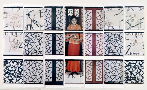 Maria Magdalena Campos-Pons, Painting Lesson, 2008. Courtesy of the artist. An artwork by Maria Magdalena Campos-Pons titled, Painting Lesson. In a seven-across by three-deep grid of photographs, the artist occupies the central column dressed in an elaborate costume with her skin painted white. Abstracted geometric panels are seen to either side.