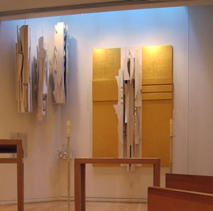 Chapel of the Good Shepherd - Cross and Trinity sculpture Interior view of the Chapel of the Good Shepherd, St. Peter's Lutheran church, designed by artist Louise Nevelson. Featured are the altar, the Cross of the Good Shepherd, and the Trinity sculpture.