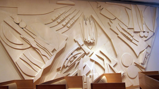 Chapel of the Good Shepherd - Sky Vestment - Trinity Interior view of the Chapel of the Good Shepherd, St. Peter's Lutheran church, designed by artist Louise Nevelson. Featured is the Sky Vestment - Trinity sculpture.