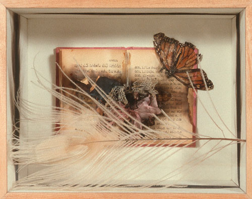 Susan Schwalb, A Time Remembered, 1980. MOCRA collection. And artwork by Susan Schwalb titled A Time Remembered. Inside a small box are placed a Jewish prayer book with singe marks, a corsage, a mounted butterfly, and a peacock feather.
