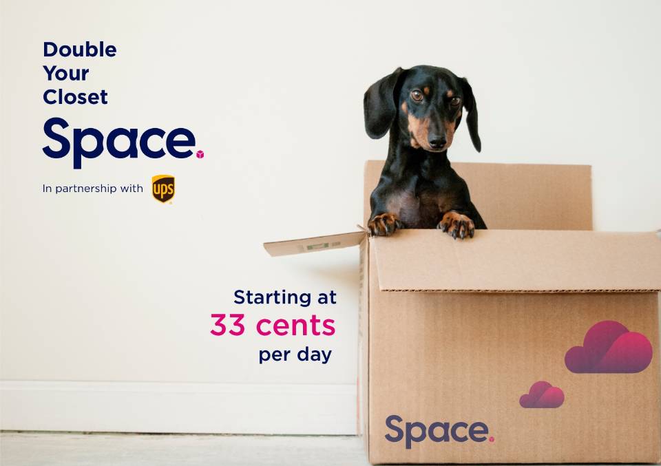 Ad for Space storage Dachshund in a cardboard box with text showing that storing a box costs 33 cents a day