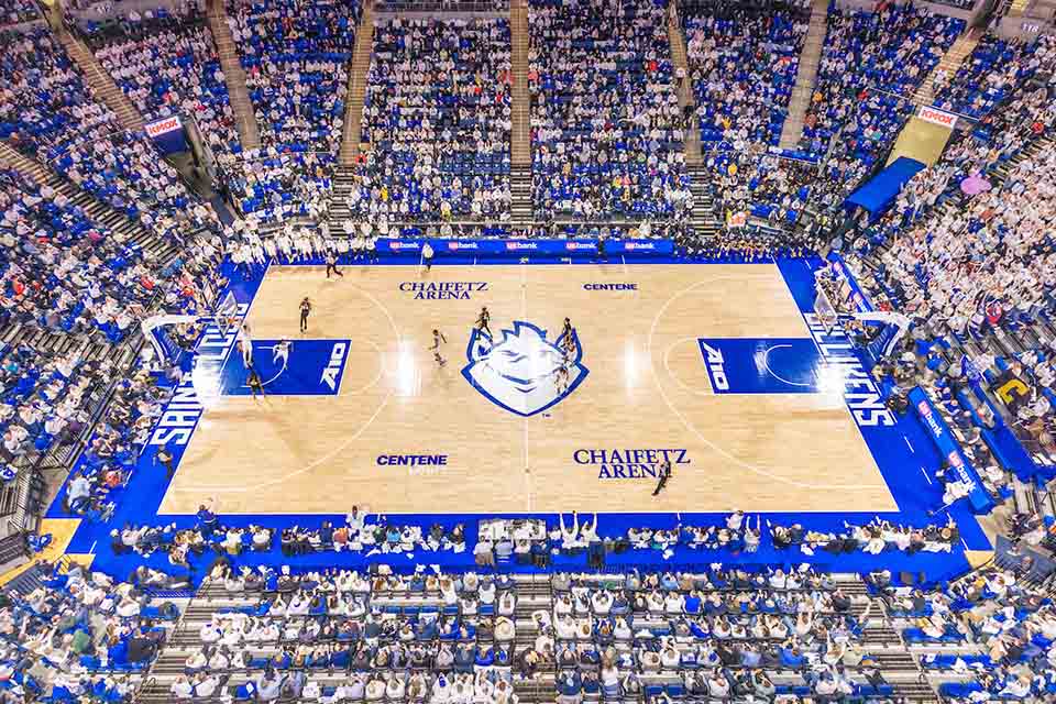 Billiken Blizzard Chaifetz Arena during a basketball game from above during a game where all participants wear white
