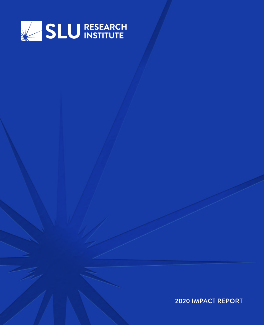 Impact Report Cover #1 The cover of the 2020 SLU Research Institute Impact Report featuring a large blue spark against a blue background. The words "SLU Research Institute" are written in white in the top left corner.