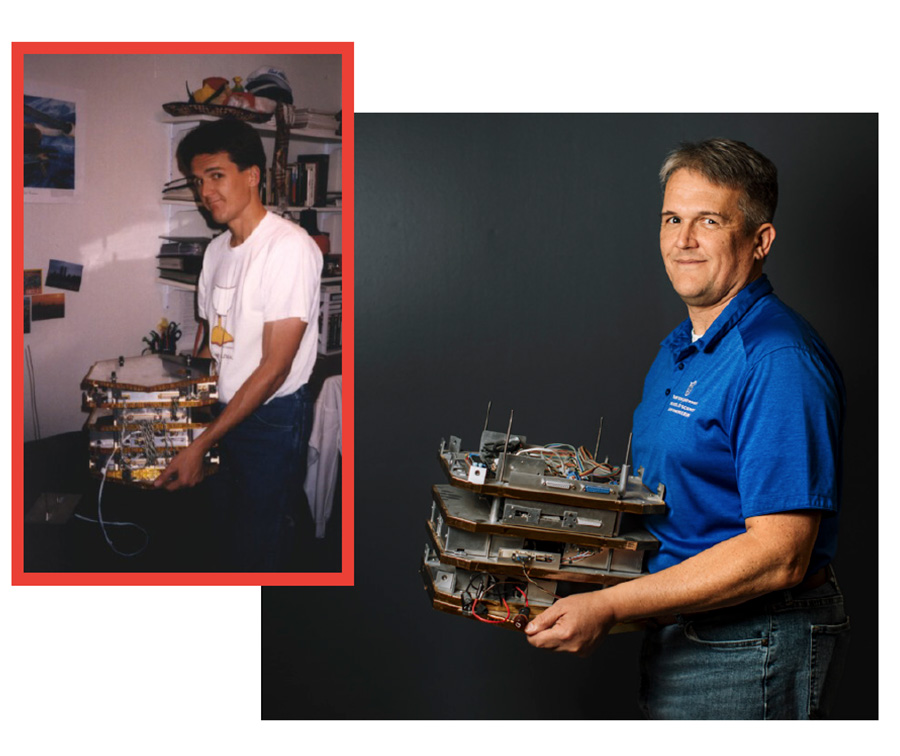 Mike Swartwout holding “Sapphire”, his first satellite, in his college dorm in 1996 (left) to present day (right). The project that started it all. A divided image where one shows a younger man standing in a dorm room, holding a piece of equipment, while the other shows a professor holding the same piece of equipment.