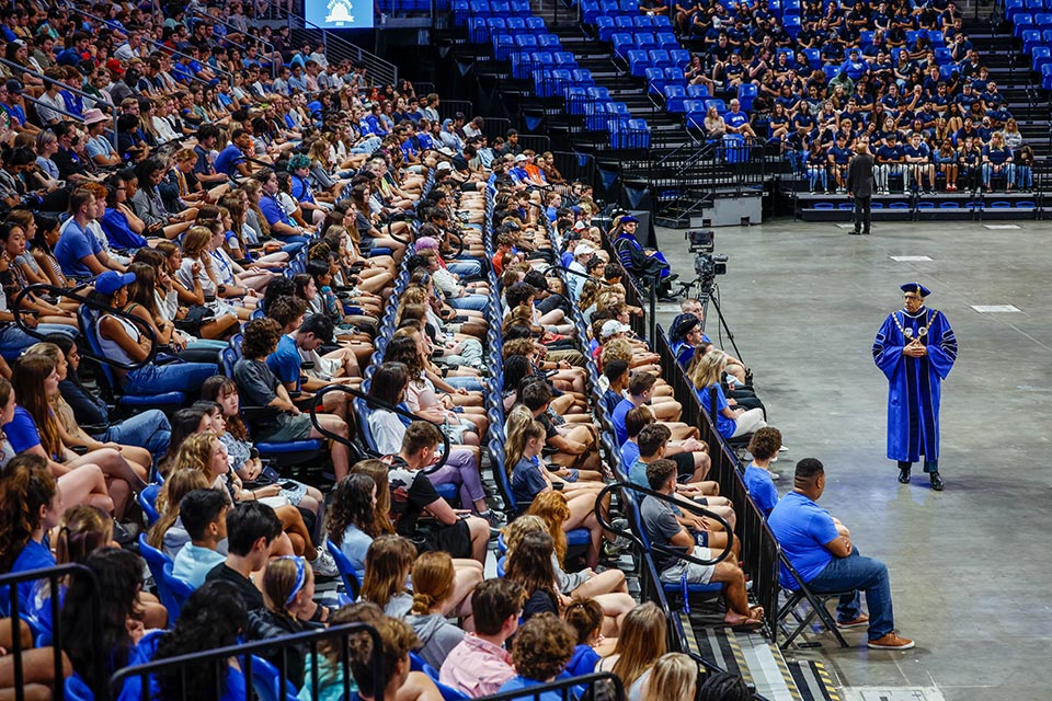 Pestello at the 2022 convocation ceremony Pestello addresses the new freshman class at the 2022 convocation ceremony at Chaifetz Arena.